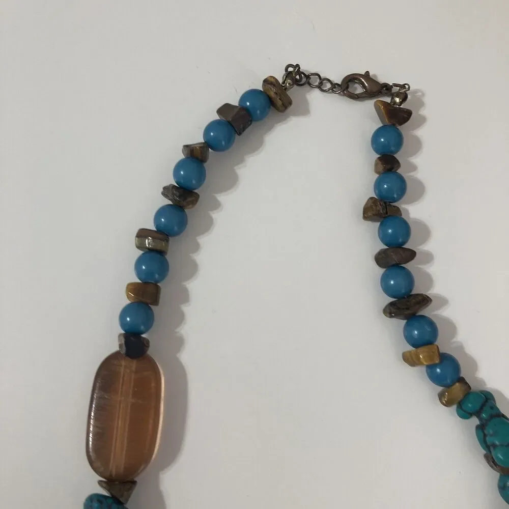 Brown Yellow Turquoise Faux Pearl Stone Gold Tone Mod Statement Beaded Necklace